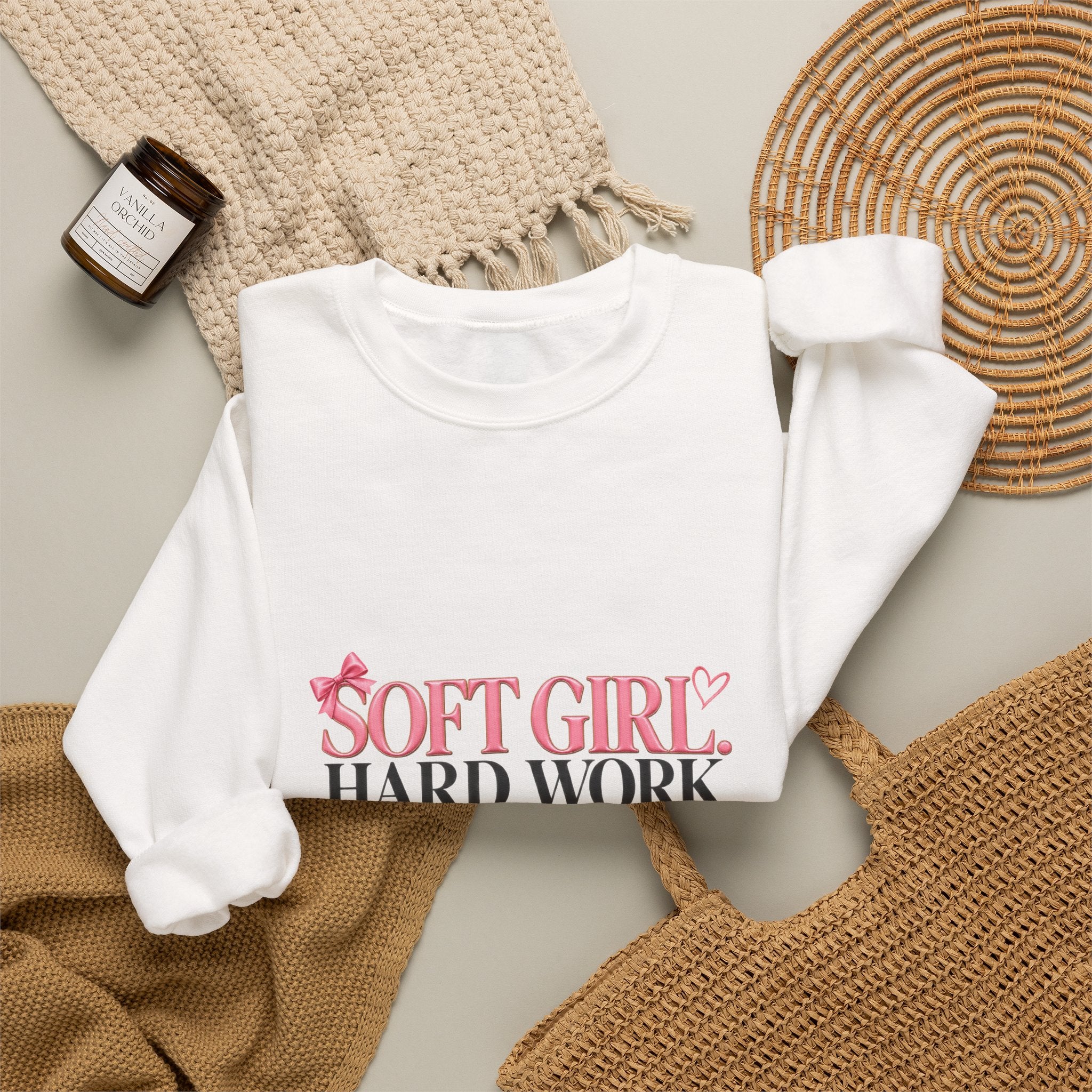 Soft Girl Crewneck Sweatshirt – “Soft Girl, Hard Work, Big Dreams” Cozy Pullover