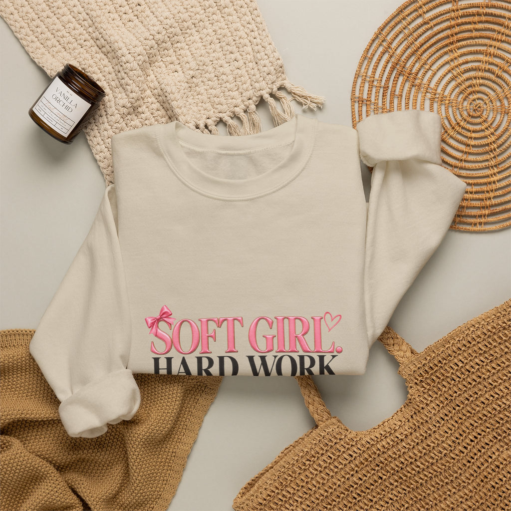 Soft Girl Crewneck Sweatshirt – “Soft Girl, Hard Work, Big Dreams” Cozy Pullover