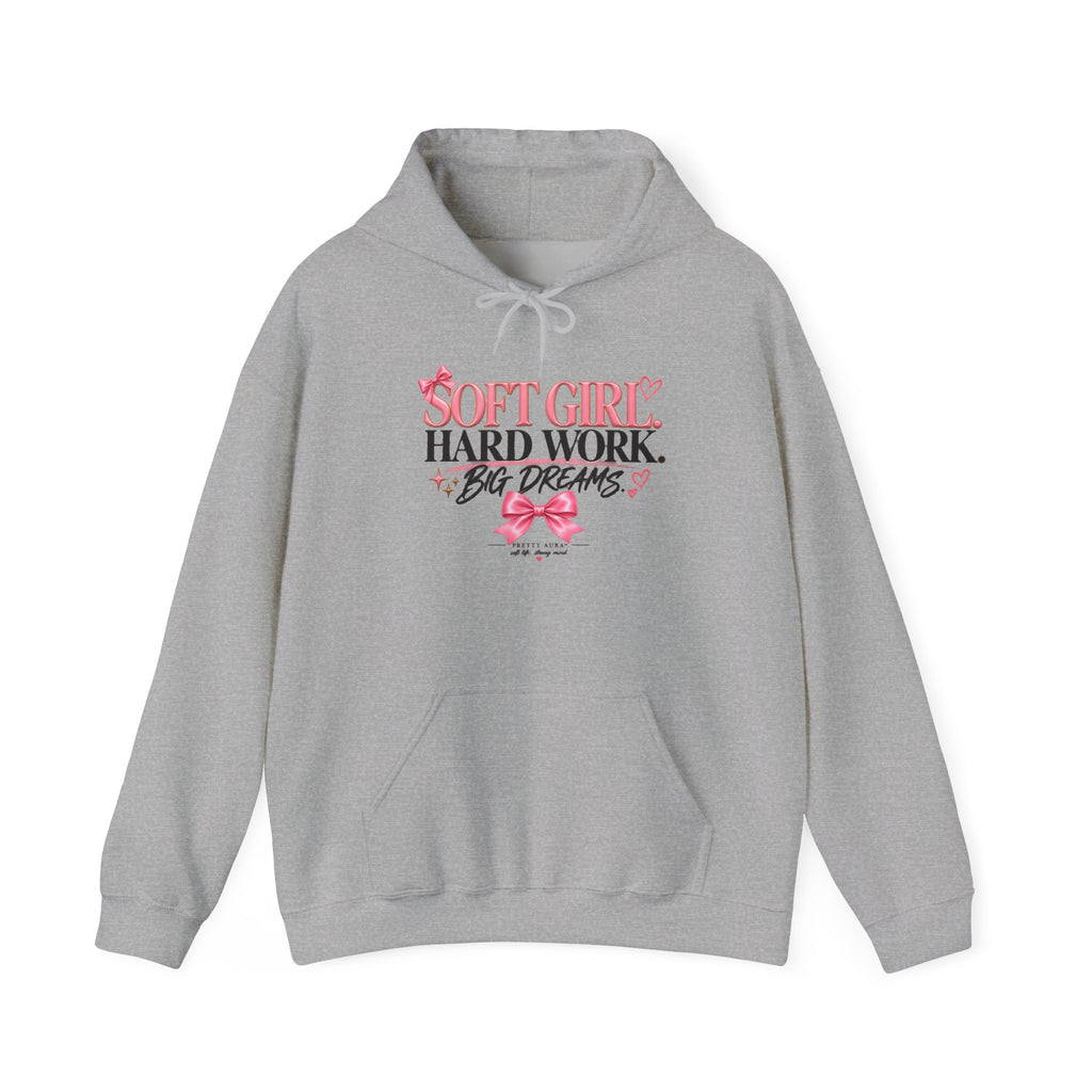 Soft Girl Hoodie — “Soft Girl Hard Work Big Dreams” Pink Floral Graphic Hoodie